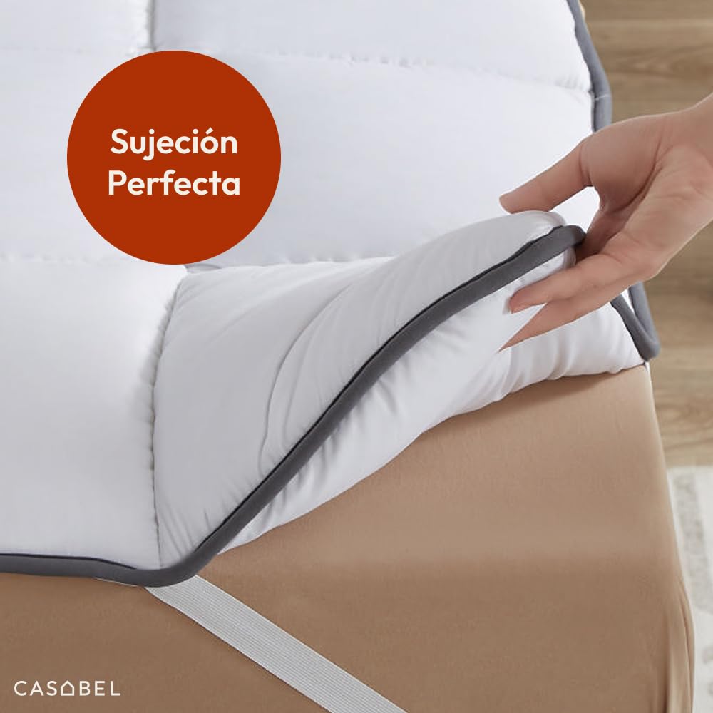 CASABEL Topper Colchón 90x190 cm, 600gsm, Extra Grueso y Suave Topper 90x190 con Microfibra Transpirable, Diseño Acolchado, 4 Correas Elásticas