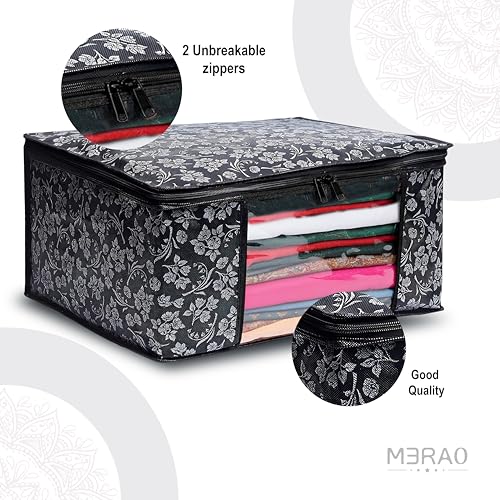 Image of Flower Printed Saree Covers for Cloth Storage & Wardrobe | Transparent Window, Zipper Closure | Black | Pack of 16 | Dustproof, Breathable, Travel & Home Use