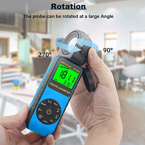 Light Meter AP-881D Digital Illuminance Meter Ambient Temperature Measurer with Range up to 400,000 Lux Luxmeter,Rotatable Head for 270 Degrees,Display 3999,Data Hold,Back Light (Blue)