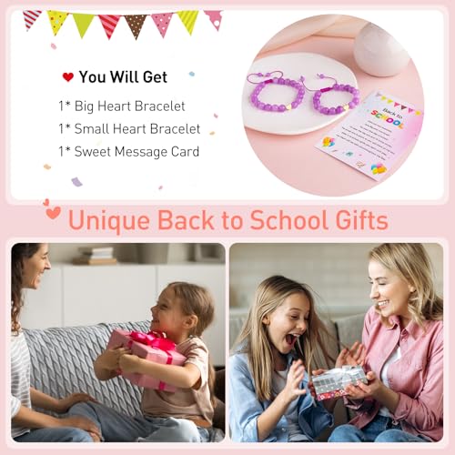 Image of Mommy and Me Preschool Pre-K First Day of School Bracelet Mother Daughter Matching Beaded Heart Bracelets Set Back to School Jewelry Gifts