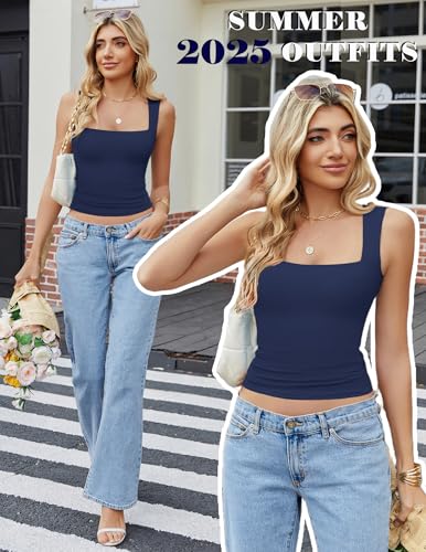 Image of Avidlove Women's Square Neck Tank Top Double Lined Basic Crop Tops Going Out Shirt Slim Fit Summer