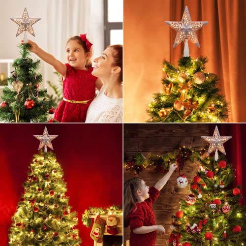 8” Christmas Star Tree Topper Silver Glittered Hollow Star Topper Built In 10 Bulbs String Lights 3D Star Treetop Plug In (4 Bulbs 2 Fuses Spare) For Holiday Decor Christmas Tree Decorations #TOP1