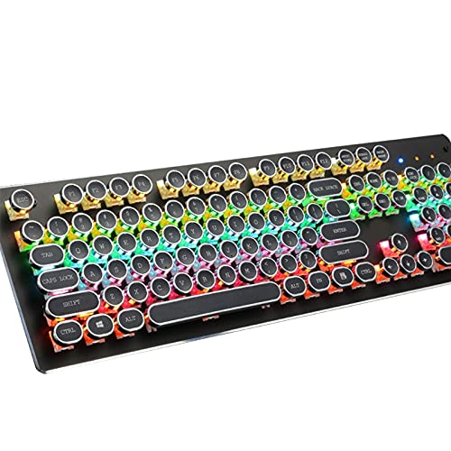 Clavier de jeu mécanique bleu commutateurs USB filaire cool rétro Steam Punk machine à écrire touches rondes 104 touches élégantes Bleu commutateur rétro pour ordinateur portable de bureau PC Cover