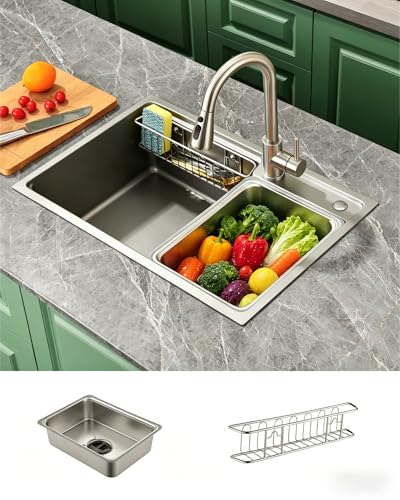 Baollansa Fregadero de Cocina de Acero Inoxidable 68x46 cm, 1 Cubeta con Sifón, Desbordamiento y Accesorios de Vaciado, Fregadero Moderno Multifuncional para Encimeras  80 cm (Plateado)
