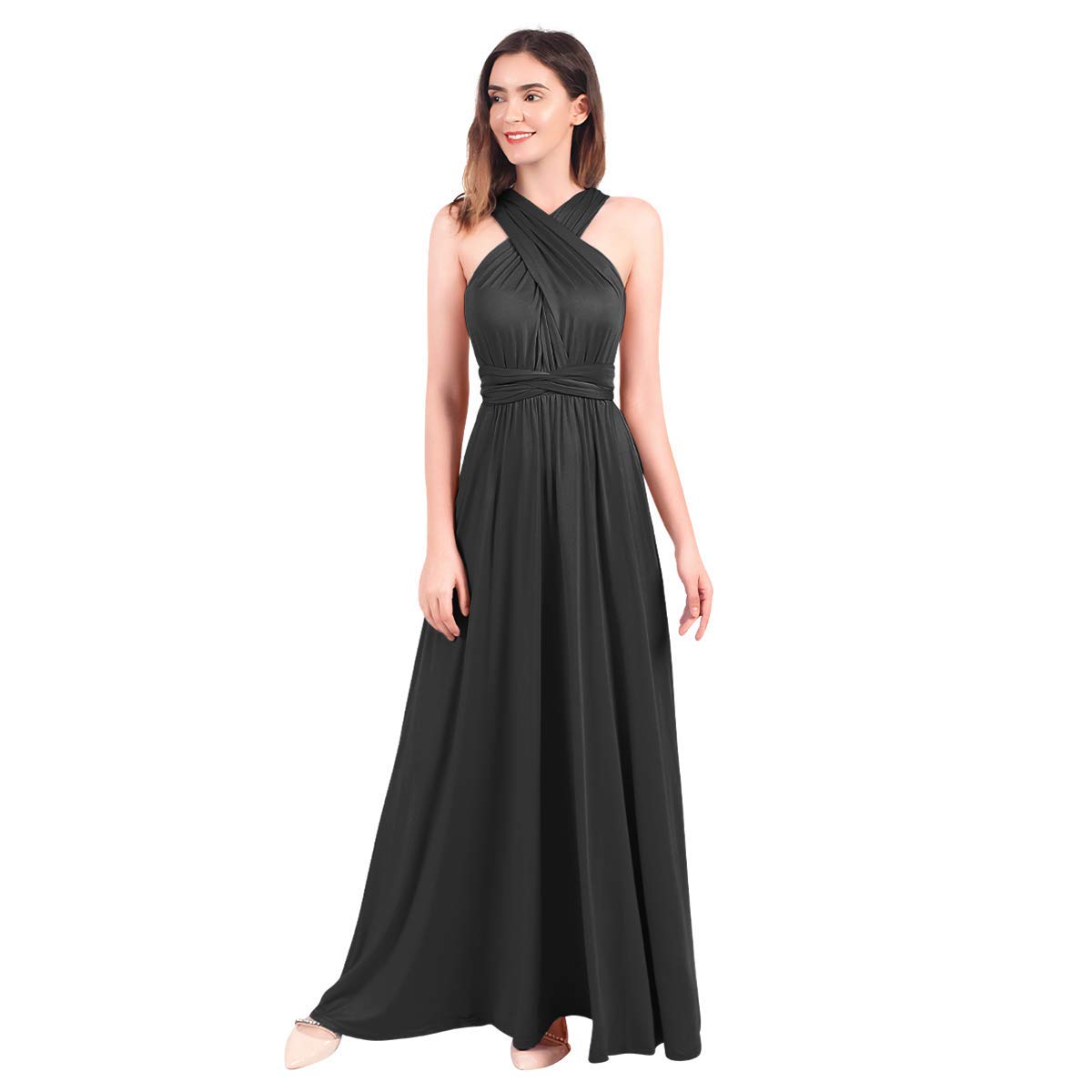 Ibtom Castle Women's Dark Grey Sexy Convertible Multi Way Wrap Transformer Solid Cocktail Off Shoulder Wedding Bridesmaid Evening Long Maxi Dress Floor Length Bandage Pageant Prom Ball Gowns L