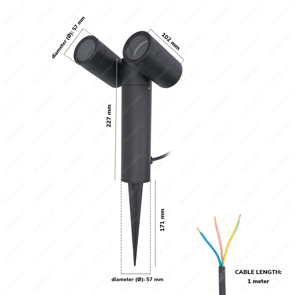 HOFTRONIC - 3 faretti da giardino a doppio LED Pinero con picchetto – GU10 orientabile a 317° – dimmerabile – 2700 K bianco caldo – Faretto da terra per alberi, arbusti, stagni e piante