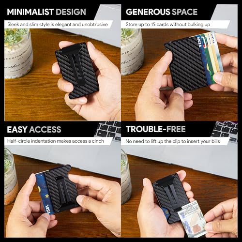 Image of Carbon Fiber Minimalist Wallet for Men, Slim Metal RFID Blocking Wallet Credit Card Holder Money Clip & Cash Strap, Scratch-Resistant Holds 15 Cards,Ideal Gift for Men | Matte Carbon Fiber