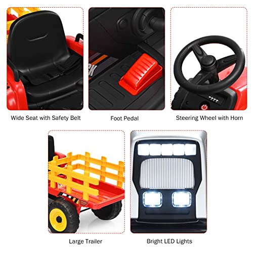 Image of Costzon Ride on Tractor with Detachable Trailer, Kids' Electric Vehicles w /3-Gear-Shift Ground Loader, Wireless Design & USB, 7 LED Headlights, Remote Control Tractor Toy for Kids 3+ (12V, Red)