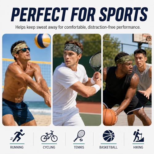 Image of 9 pcs Sweatbands for Men Workout Sport Headbands for Men Camo Headband Sweat Absorbing Headband Wide Sweatband for Head Basketball Football Cycling Running Yoga, 4.7 x 9.8 Inch