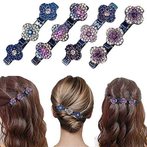 [4PCS] Sparkling Crystal Stone Braided Hair Clips, Satin Fabric Hair Bands, Four-Leaf Clover Chopped Hairpin Duckbill Clip, Braided Hair Clip with Rhinestones for Women