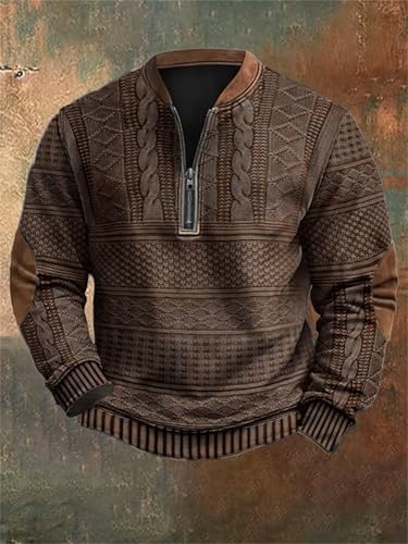 Whitecloths Life Clothing Men, Men's Vintage Knit Print Zip-Up Sweatshirt, Stand Collar Button Sweatshirt2