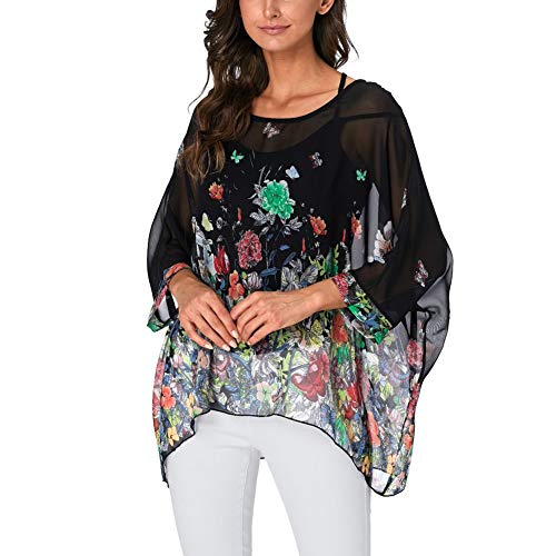 Image of Ckikiou Plus Size Batwing Flowy Semi Sheer Chiffon Blouse Tunic for Women Summer Floral Print Boho Beach Cover ups
