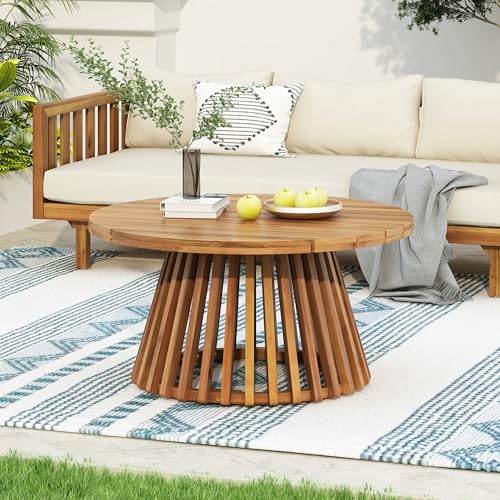 Christopher Knight Home Hakee Acacia Wood Patio Coffee Table Round Table with Unique Wooden Base for Backyard Balcony Stylish Indoor/Outdoor Table Easy Assembly 31.5 x 31.5 x 16 Teak
