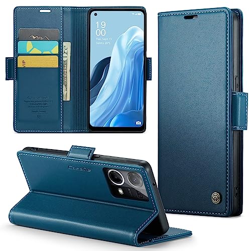 SLWYF Funda Compatible con OPPO Reno7 4G/F21 Pro 4G/Reno8 4G,Regalar 2 Piezas Protector de Pantalla.Flip Leather Edition,Funda de Cuero PU con Cáscara de TPU,[Soporte Plegable]-Azul