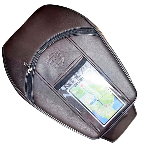 Image of Leatherette Motorcycle Tank Cover with Zipper Storage & Mobile Pocket, Scratch Protection Tank Bag Compatible with Royal Enfield Classic 350 /500, Electra & Bullet, Brown (Pack of 1)