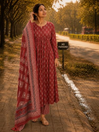Image of ANNI Designer Women's Rayon Viscose Anarkali Kurta Set with Pant and Dupatta | Stylish Long Kurti Dress for Festive, Party, and Ethnic Wear