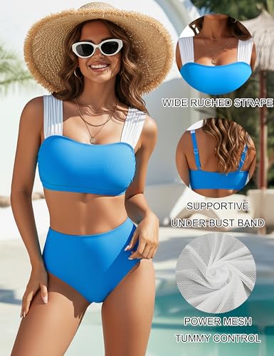 Image of Blooming Jelly Women High Waisted Bikini Sets Color Block Tummy Control Swimsuits Retro Square Neck Sporty Bathing Suit