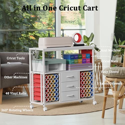 Image of 48 Vinyl Roll Holders for Cricut Cart, 32 inchW Large Craft Cart with 3 Fabric Drawer, Craft Organization and Storage Compatible with Cricut Maker Machine, Crafting Table Workstation, White,Patent Pending