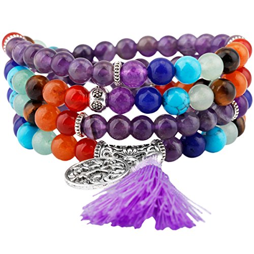 Shanxing 108 Prayer Beads Mala Bracelet Tibetan Buddhist Buddha Meditation Stone Necklace,7 Chakra & Amethyst