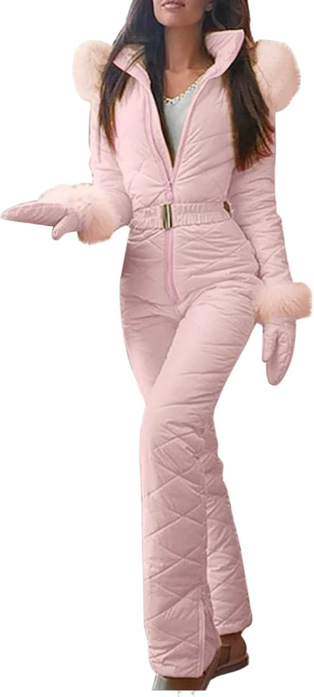 Traje de esquí para Mujer Traje de Nieve para Mujer Mono Moda Delgado Traje de esquí a Prueba de Viento Deportes al Aire Libre con Collar de Pelo Traje de esquí con Guantes (Rosa,M)