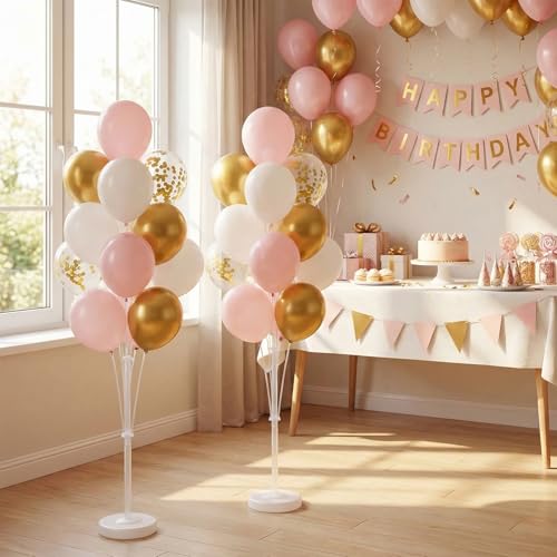 Image of Balloon Column Stand Kit with Metallic Pearl Light Pink&Gold Balloons,Balloon Column Kit for Floor&Table Backdrop Decoration for Confession Proposal,Party Wedding Baby /Bridal Shower Birthday