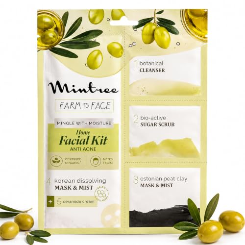 Image of Mintree Olive Brightening Home Facial Kit for De-Tan, Skin Radiant Glow & Intense Hydration with Korean Sheet Mask Collagen and European Peat Clay | Anti-Aging Skincare Facial kit for men for Glowing Skin