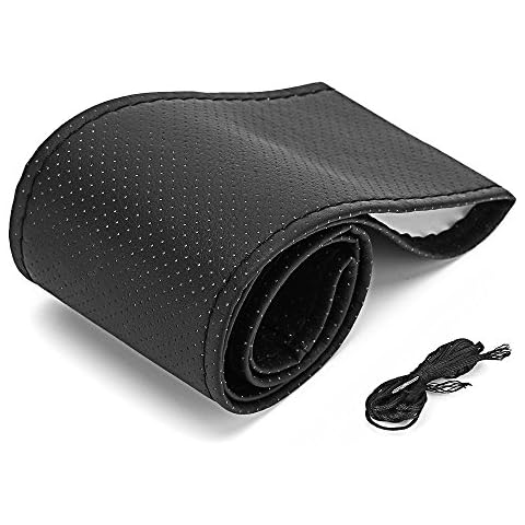 AutoSunShine Universal Leather Auto Car Steering Wheel Cover Comfort Durability Safety Anti Slip 15 inch Stitch on Wrap Cover with Needle and Thread-Size (Black-black Thread) Cover