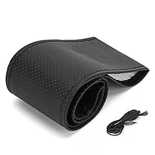 SZSS-CAR Universal Microfiber Leather Auto Car Steering Wheel Cover Anti Slip 15'' Stitch on Wrap Cover with Needle Thread (Black-Black Thread)