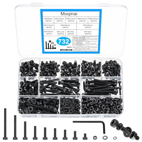 732 Stück M4 Schrauben Set, Schwarze Kohlenstoffstahl Zylinderkopfschrauben mit Innensechskant Schrauben Muttern und Unterlegscheiben Set, Maschinenschrauben Sortiment, Gewindeschrauben Muttern Sets