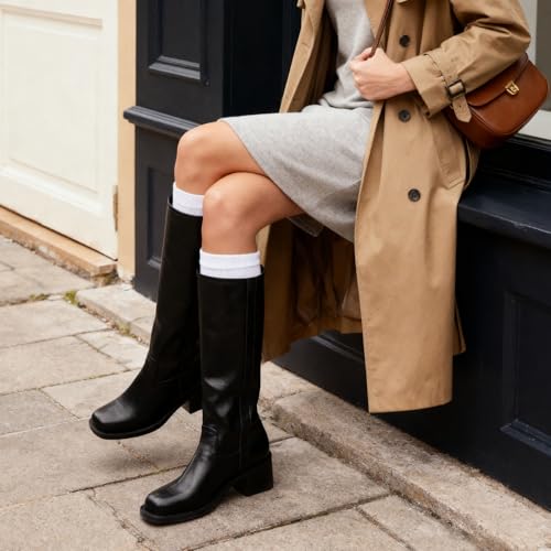 Image of Gothictor Women's Banana Knee High Boots Square Toe Chunky Block Heel Comfortable Low Heel Pull on Wide Calf Riding Long Boots for Women