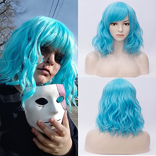 Netgo Blue Wigs for Women, Short Wavy Cosplay Wig with Bangs, 14Inch Heat Resistant Synthetic Cosplay Daily Party Curly Wig