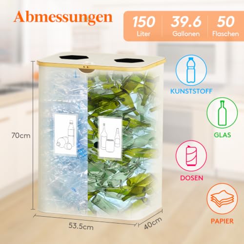 Lifewit 150L Pfandflaschen Sammelbehälter mit 2 Fächern, Elfenbein – Ansicht 2