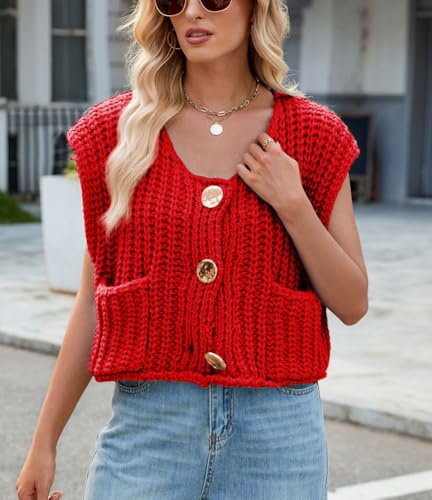 Image of CHARTOU Women Chunky Knit Vest Button Down Sleeveless Sweater Tank Tops Going Out Outfits