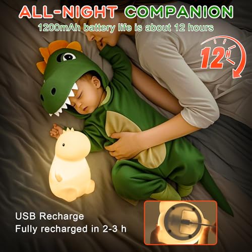 BUOAZR Dinosaurier Nachtlicht Kinder, 7 Farben & Dimmbar Warmen Licht Berühren Nachttischlampe, 1200 mAh Nachtlicht aus Silikon, Tragbares USB Aufladbare für Kinderzimmer,Camping
