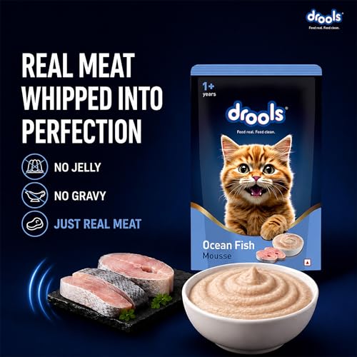 Image of Drools Adult Cat Wet Mousse 80g Pack of 5, 400g | Ocean Fish Flavour | Rich in Protein, Hydrating & Easy to Digest | No Artificial Flavours | with Essential Vitamins & Antioxidants