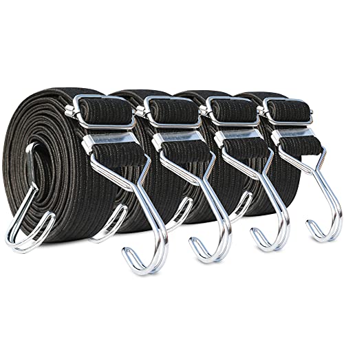 ゴムバンド 自転車 荷台 ゴムロープ 4本組: 2M ゴム紐 フック付き - バイク 台車 荷物 荷紐 固定 伸縮調節可能 フック 固定バンド ブラック