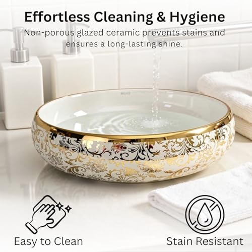 Image of Wallace Premium Countertop Wash Basin 60x40x15 cm | Oval Ceramic Table Top Sink | White Interior with Royal Gold Floral Pattern | Luxury Designer Vanity Wash Bowl