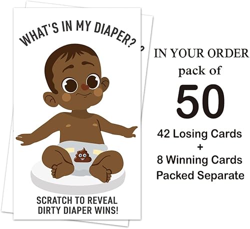 Miniatura 4 de Haizct Paquete de 50 tarjetas para rascar con texto en inglés "What's in My Diaper Scratch Off" para baby shower, actividad e idea de baby shower,