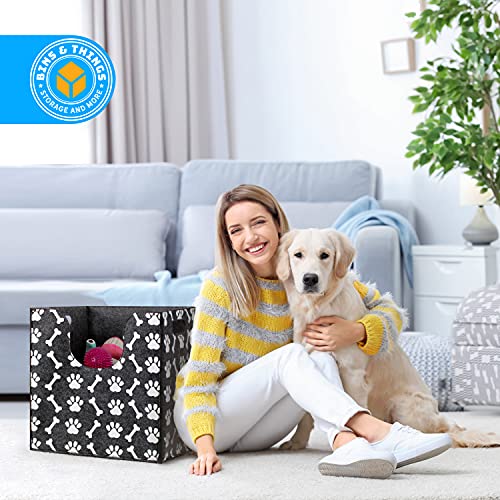 Bins & Things Foldable Dog Toy Box - 14 x 14 x 14 Inches, Thick Felt with Cute Dog Paws and Bones Prints, Curved Cutout - Image 6