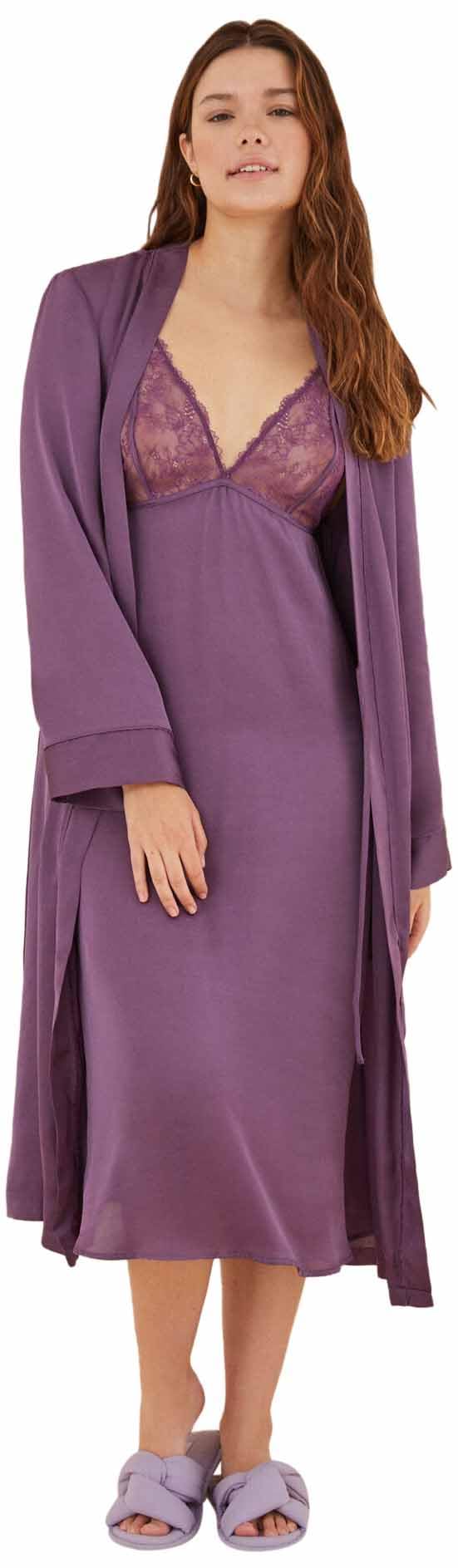 Women'secret Bata Larga satén morada Robe de Chambre, Violet/Lilas, S Femme