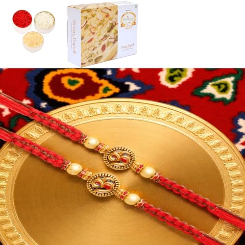Ghasitaram Gifts Jaiccha Rakhis for Brother Rakhis Online - Set of 2 - Y-67 Om Rakhi with 200 GMS of Soan Papdi