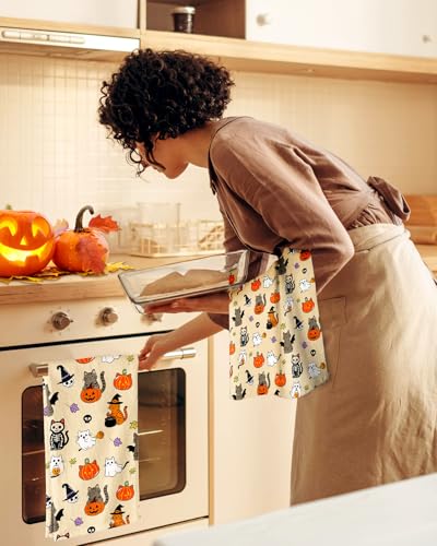 Image of Miss Adola 150GSM Flour Sack Kitchen Towels Set of 2, Spooky Cats | 18 inchx26 inch, Lightweight, Lint-Free, Pure Cotton, Decorative, with Hanging Loop, Absorbent, Softer after Wash, Giftable Package