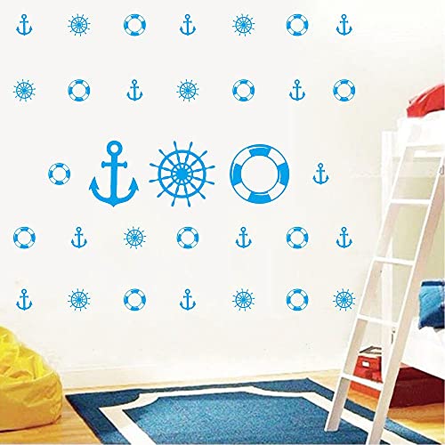 Anchor Rudder Lifebuoy Pattern Wall Sticker Navigator Decal Adventurer Wall Decor Drifter Wanderer Wall Paper For Kids Nursery Bedroom Home Decoration Vinyl Sticker-Diy Chiildren Room Living Interior Decor Sticker Jwh132 (Blue) #TOP2