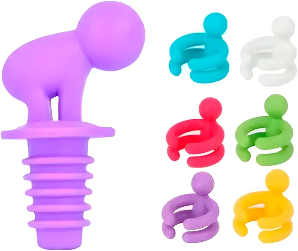 Conj. 6 Marcadores De Taça E 1 Tampa De Vinho Em Silicone