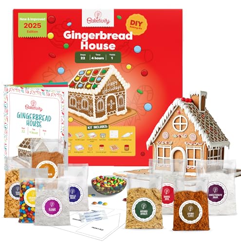 Baketivity Baking Kit Holiday Gingerbread House Kit - Bake And Build Edible - Create a Treat Gingerbread House Kit - Baking Set With Materials And Premeasured Ingredients