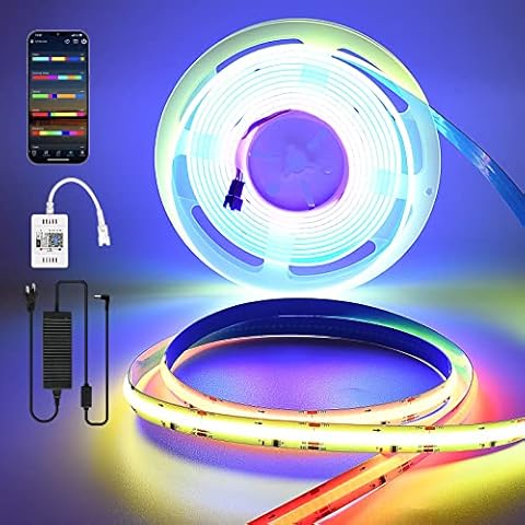 WiFi RGB+IC COB LED Strip Light 5M, DC12V RGB+IC Dimmable COB LED Strip LED Light Strip, High Density 720LEDs/M, App Control, Music Sync, DIY Color Changing Led Light Strip Compatible with Alexa Cover