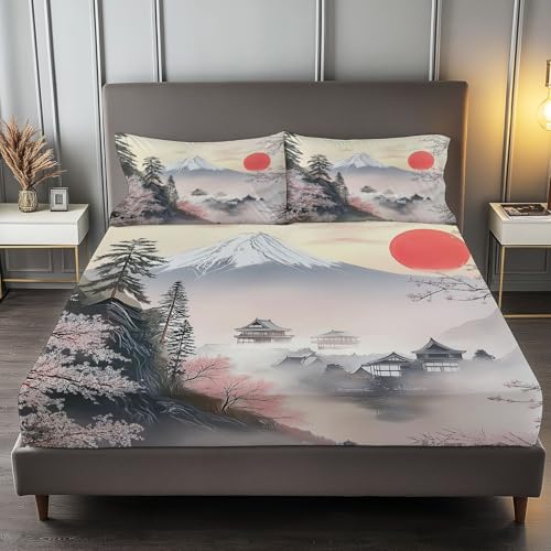 Fitted Sheets Queen Sheet Sets White Bed Sheets, Soft Microfiber & Deep Pocket Japan Fuji Mountain Painting Patterned Bedding Sheets & Pillowcases, 1 Fitted Sheet, 1 Flat Sheet, 2 Pillow Cases