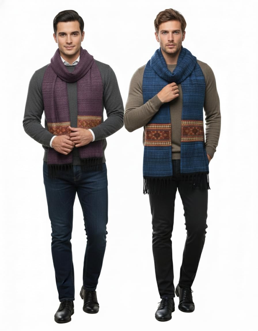 stone barrow Winter Knit Scarf with Tribal Pattern Border, Unisex Long Warm Scarf in Navy Blue and Purple, Fringed Design (PACK OF 2)-picture-37