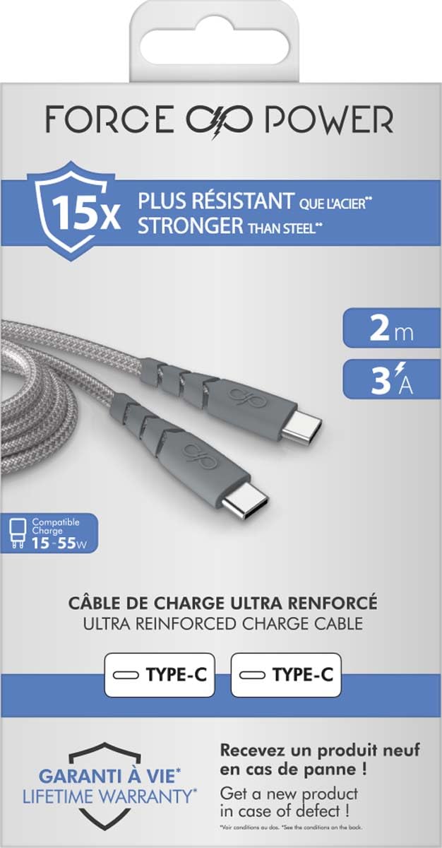 Câble renforcé Force Power USB Type C vers USB Type C 2 m 3 A Gris