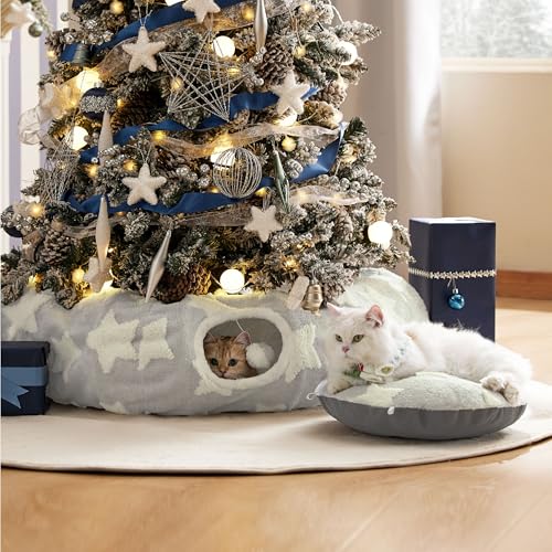 Image of Lesure Donut Cute Jacquard Cat Tunnel Bed Kitten Toys for Puppy Bunny | 33.5x33.5x10in,Round Cat Bed Tube for Indoor Cats Rabbit Dog,Pet Peekaboo Cave Toy,Spiral Hideaway,Washable Cushion,Grey